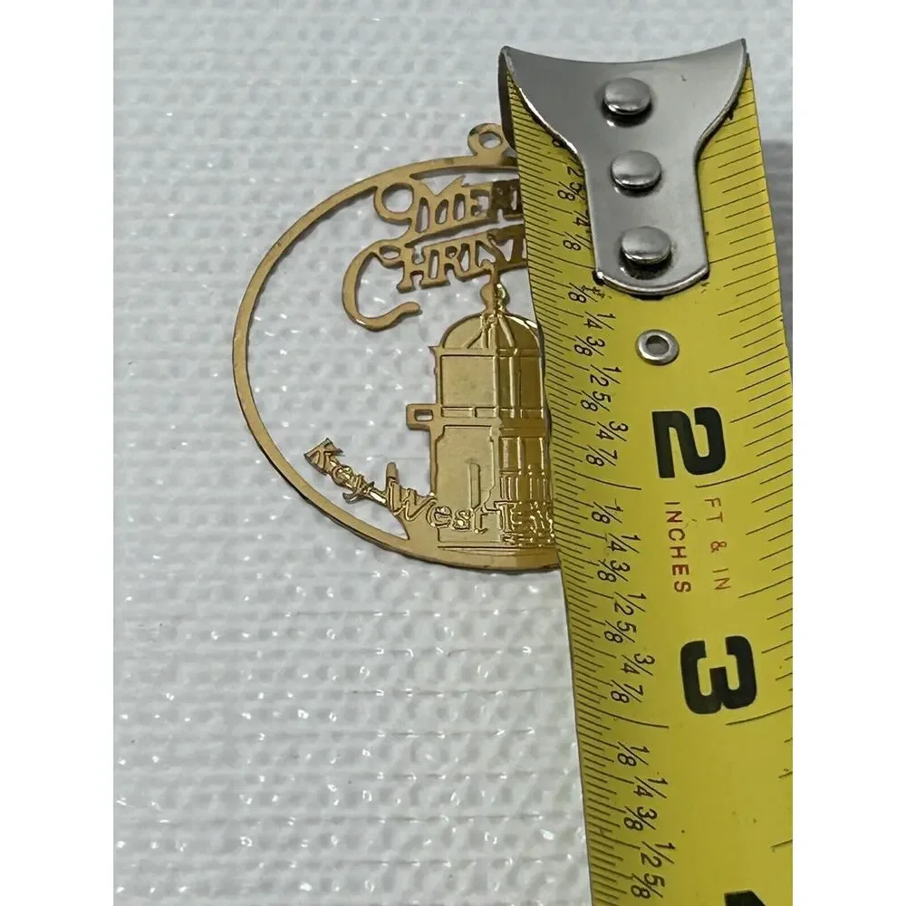 2” Merry Christmas Key West Lighthouse Gold Tone Christmas Tree Ornament Vintage